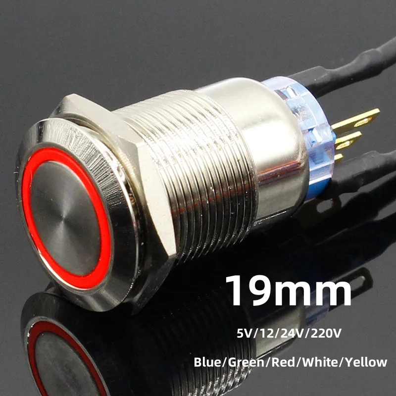 1PC Led power mark lampe taste 19mm Metall Alumina schwarz druckknopf Momentary/Rast steuerung Druckschalter Image