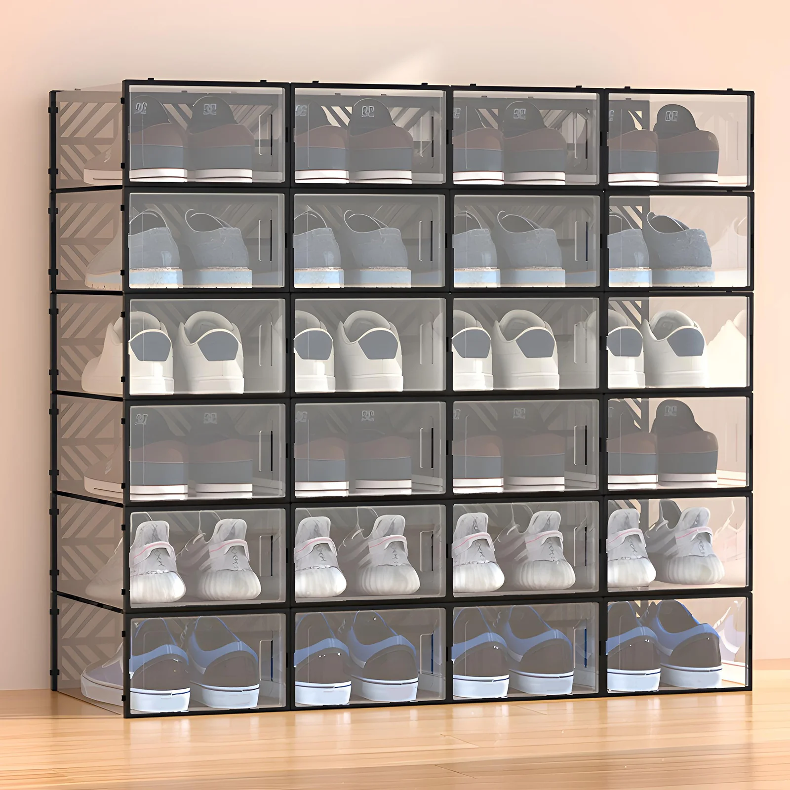 20-teilige Schuh-Aufbewahrungsbox, transparent, PP-Kunststoff, Schuhschrank, feuchtigkeits- und staubdicht, moderner Organizer, Schwarz/Weiß