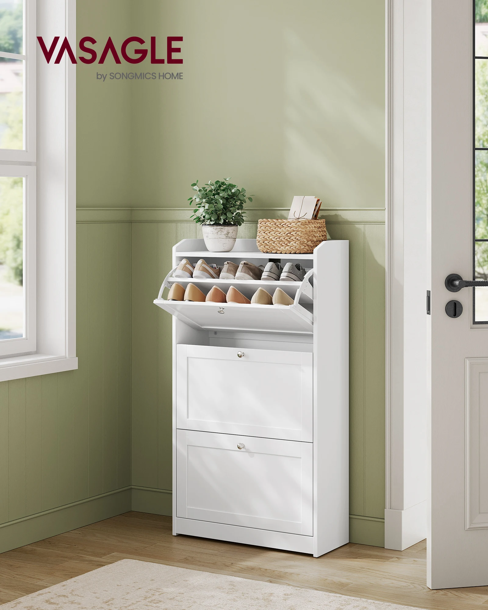 VASAGLE Schuhschrank 3 Klappen, Schuhkipper, Schuhregal, Schuhaufbewahrung, Oberplatte, Trennwand verstellbar