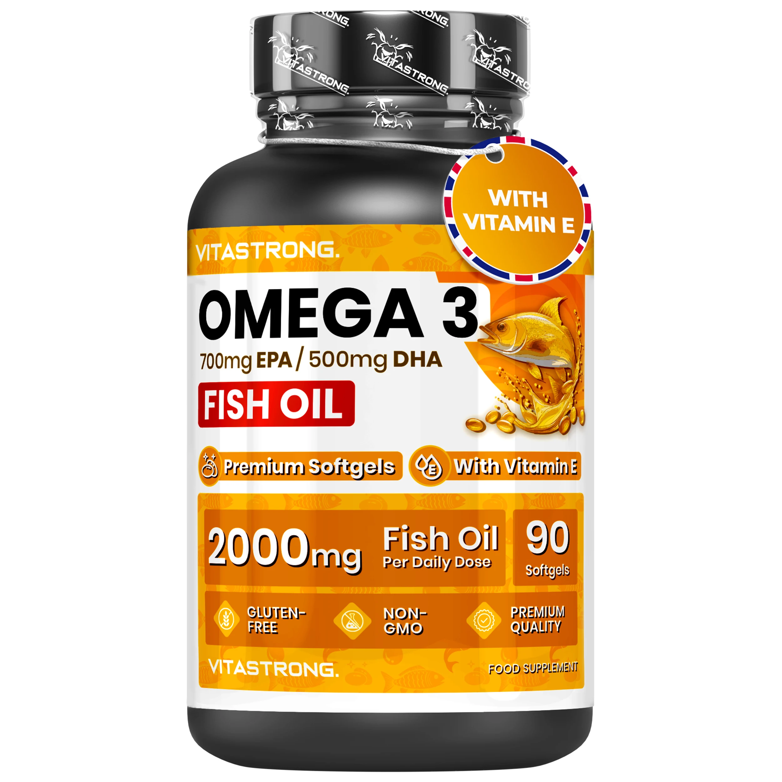 Omega 3 Fischöl 2000 mg hohe Dosierung mit Vitamin E, ohne Nachgeschmack, Omega3 Fischöl (Fischöl) 700 mg EPA 500 mg DHA, hohe Konzentration, Omega-3-Ergänzung reines Herz, Sicht, Gehirn Image