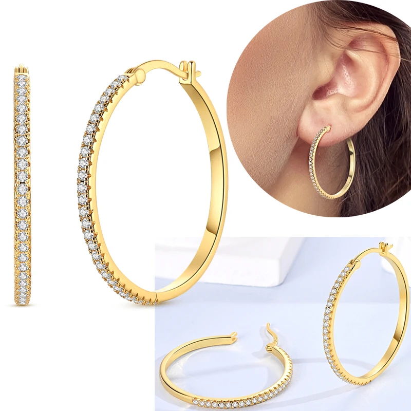 Original 925 Sterling Silber Zirkon Kreis Gold Große Creolen Für Frauen Vintage Elegante Schmuck Geschenk