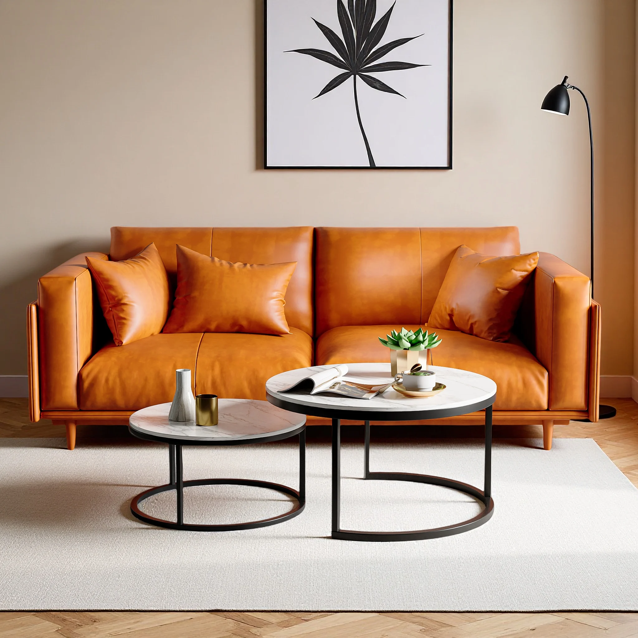 Rosahqnda Moderner Couchtisch, 2er-Set, runder Couchtisch mit Metallrahmen, Marmor-Couchtisch, Beistelltisch für Wohnzimmer