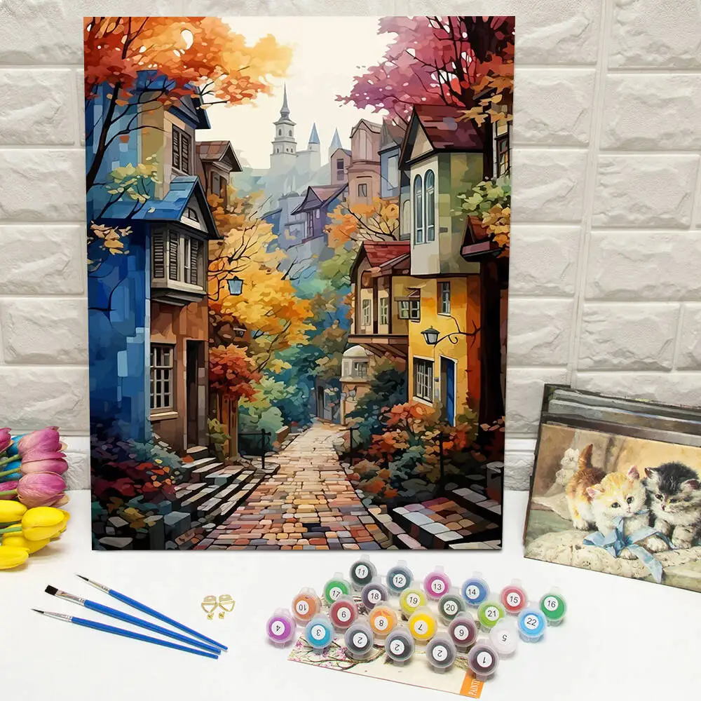 Ölgemälde nach Zahlen, Berglandschaft, DIY, digitale Malerei, Haus, Baum, Landschaft, Bild, Kunsthandwerk auf Leinwand, handgemaltes Geschenk Image