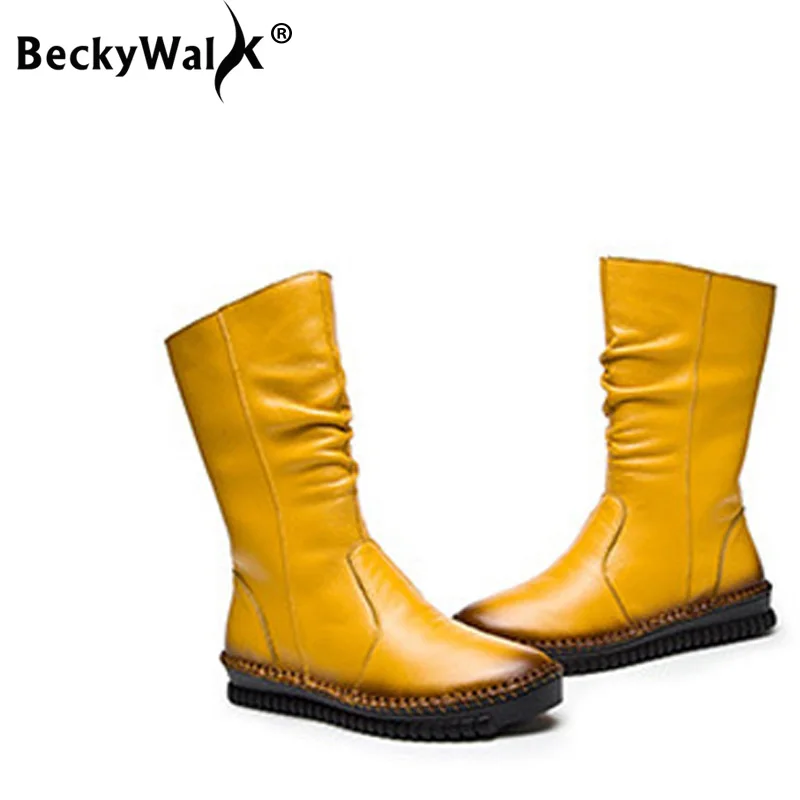 Mode Kuh Leder Stiefel Für Frauen Hohe Qualität Mid-Kalb Stiefel Herbst Winter Frauen Stiefel Plus Größe 43, flache Schuhe Frau WSH3437