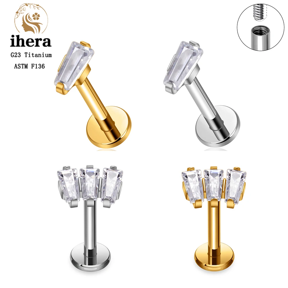 ASTM F136 Titanium Baguette Zircon Lip Labret Stud 16G Internal Thread Earrings Tragus Helix Cartilage Daith Piercing Jewelry