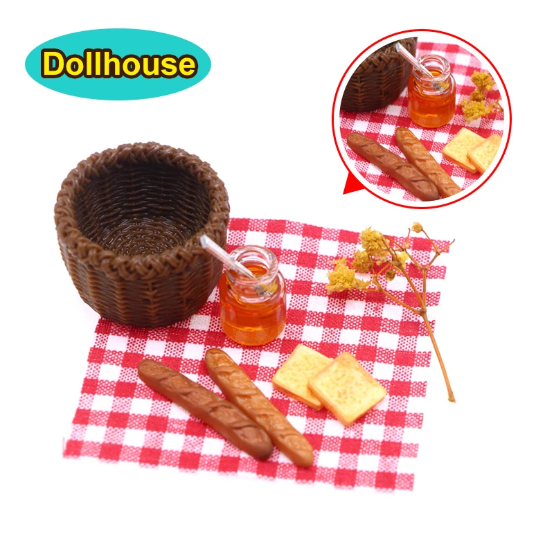 1/12 Puppenhaus Simulation Brot Honig Picknick Korb Set Puppenhaus Mini Lebensmittel Dekoration Puppen Haus Küche Zubehör Image