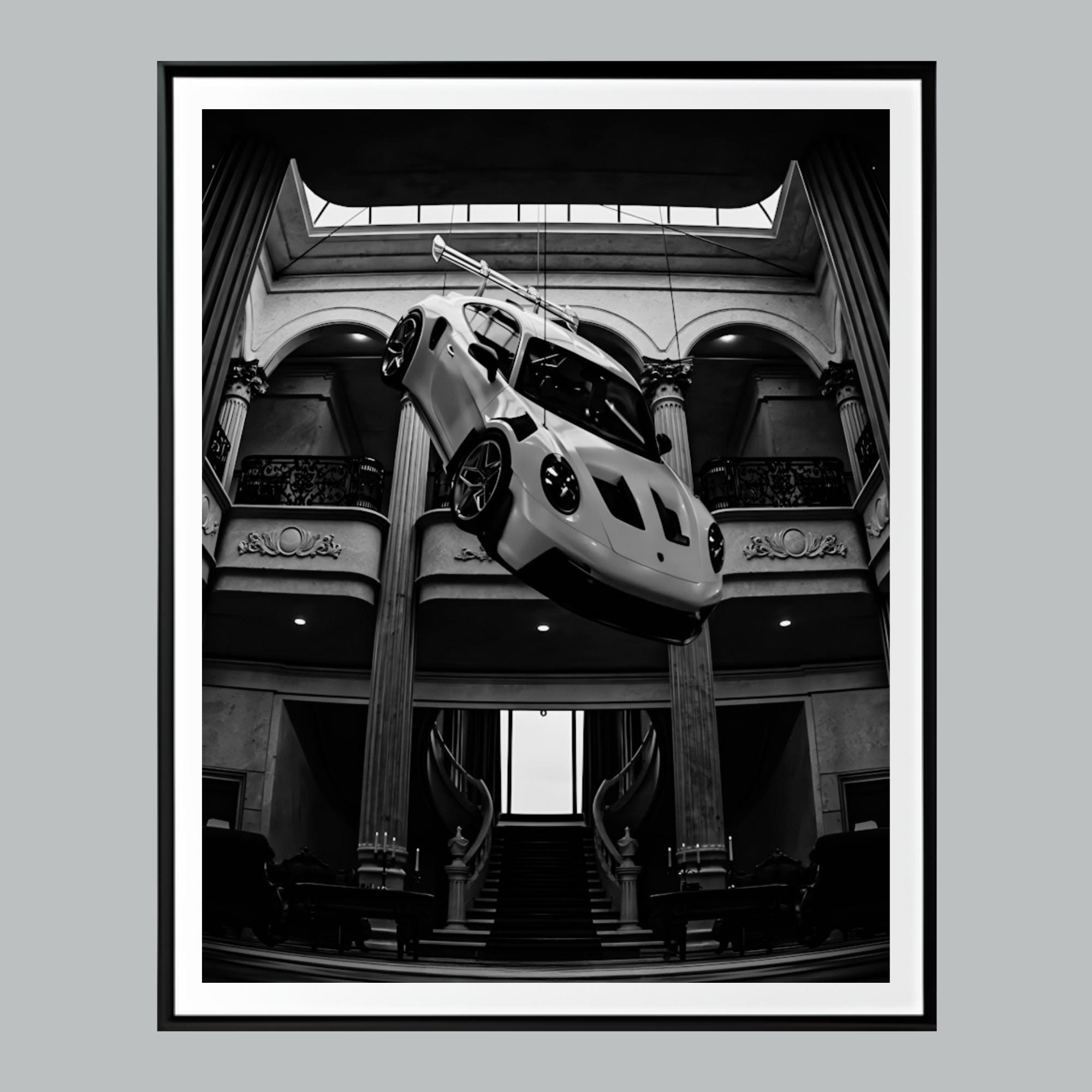 Poster di auto volante con estetica retrò, arte di design, bianco e nero, stampa di moda di lusso, arte murale Hypebeast, arredamento Hypebeast, stamp