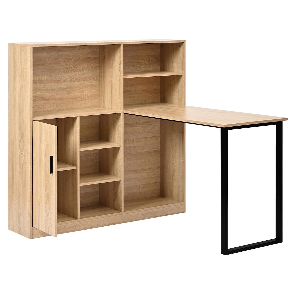 OKWISH Multifunktionaler Schreibtisch 75x100x50 cm mit Stauraum, Eisenbeine, offene Ablagefächer120x30x120 cm,, geschlossener Schrank, Natural Image