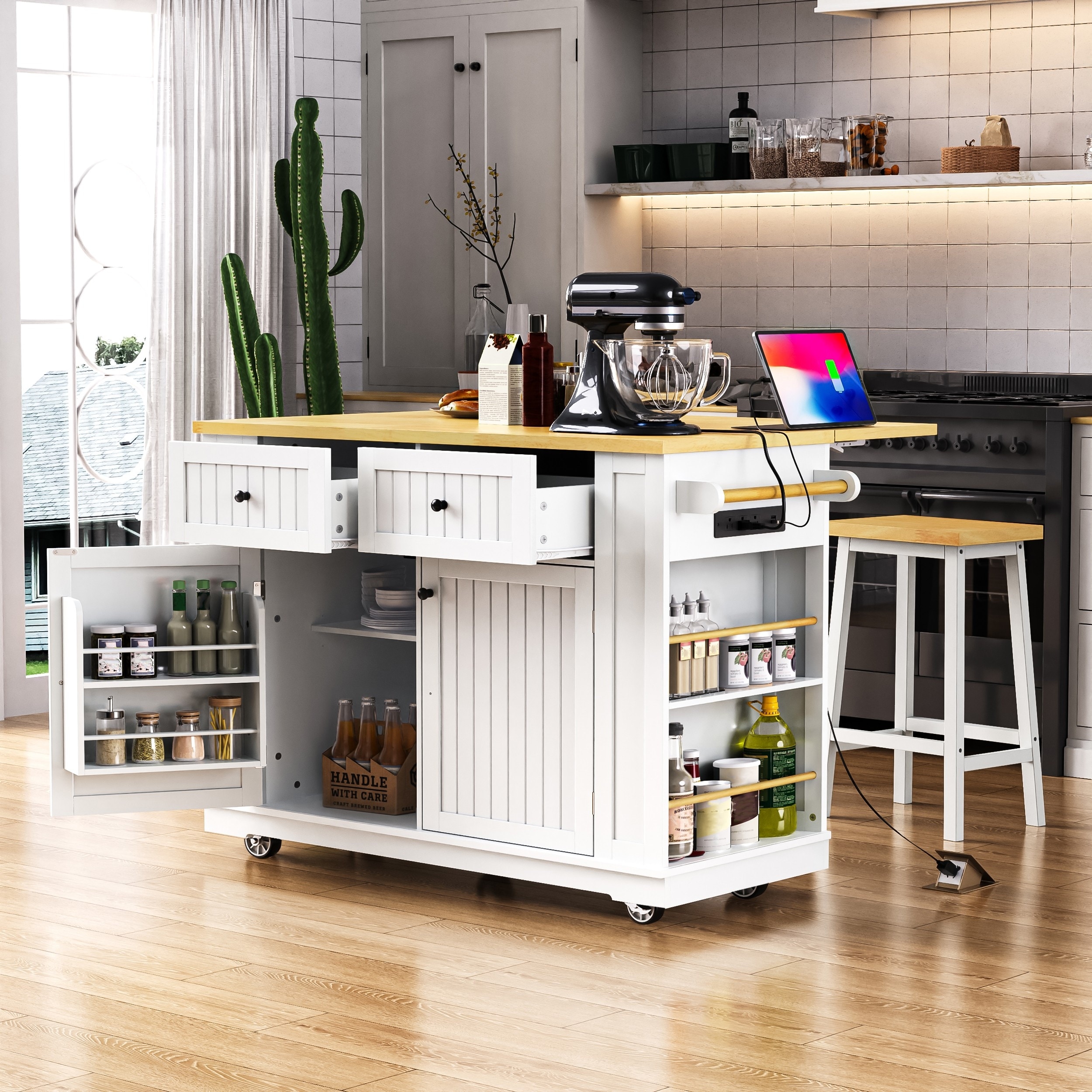 Rolling Kitchen Island Cart on 5 Wheels with Power Outlets and Storage