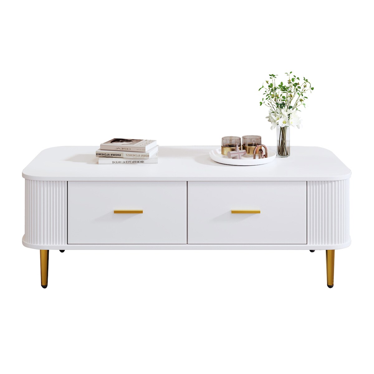 OKWISH Couchtisch Weiß 105x51x38 cm Wohnzimmer Tisch MDF Schubladen Aufbewahrung Luxus Goldgriffe Elegant Modern Image