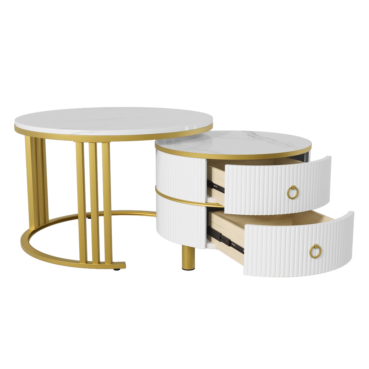 OKWISH 2er Set Couchtisch Rund mit Schublade und Marmoroptik,Satztisch Hochglanz Beistelltisch mit Gold Metallbeinen, Wohnzimmertisch 50x50+70x70cm Weiß+Gold Image
