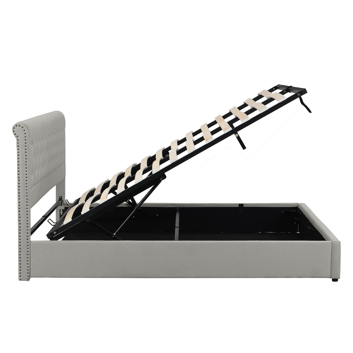 STILVORA Bett 140x200 mit hohem Kopfteil, Stauraum und Bettkasten Europäisches Design mit Nietendekor Elegantes Doppelbett mit 105 cm Rückenlehne Grau Image