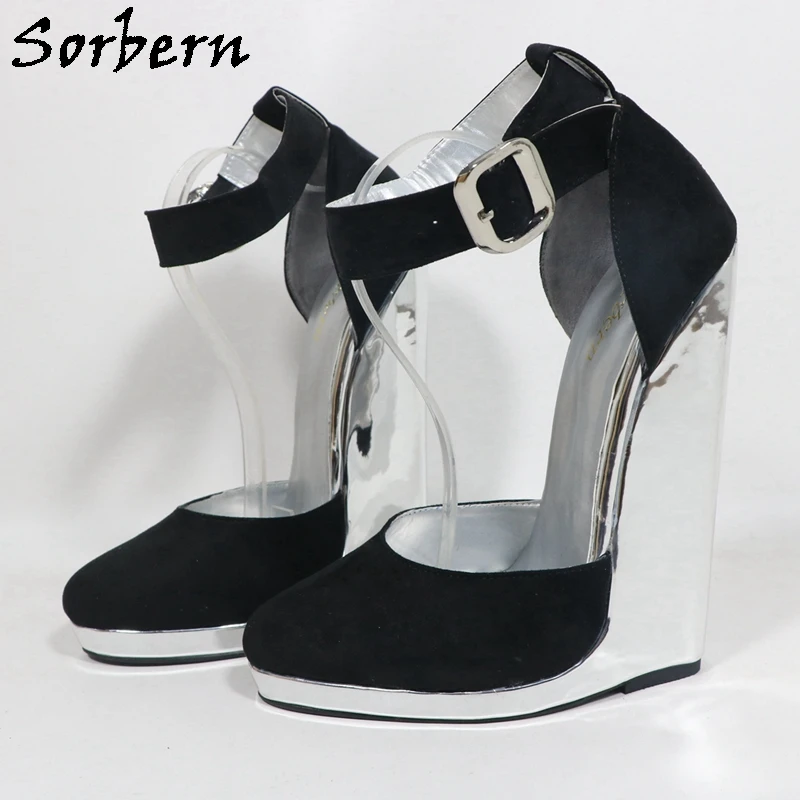 Sorbern Einzigartige silberne metallische Damenschuhe, Keilabsatz, Knöchelriemen, runde Zehen, dicke Gummisohlen, Pumps im Unisex-Stil