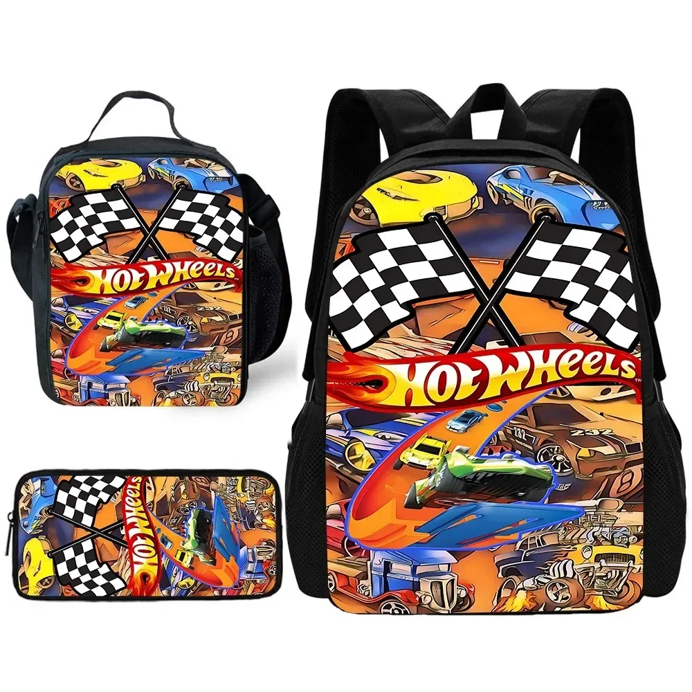 Sac à dos de voitures Hot Wheels de dessin animé d'école pour enfants avec des sacs à déjeuner, des sacs à crayons, des sacs d'école pour garçons et filles, meilleur cadeau