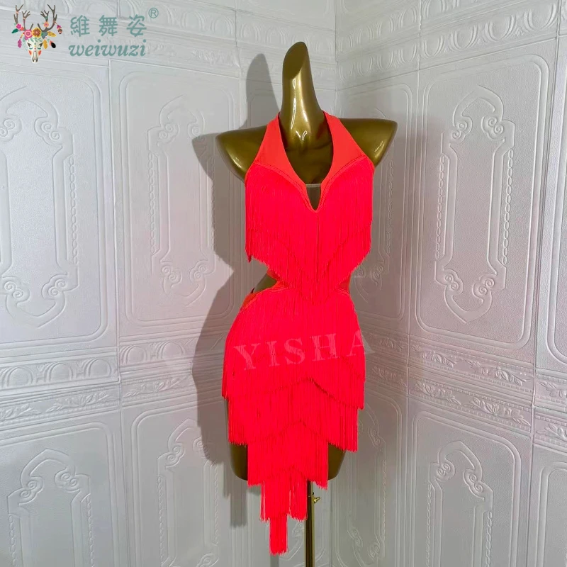 Latein-Tanz-Wettbewerbsshow, individuelles rotes Fransentanzkleid für Erwachsene und Kinder, Ballsaal, Rumba, Chacha, Tango, Performance-Kleidung Image