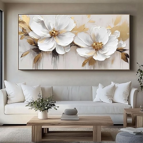 Handgemaltes Ölgemälde auf Leinwand, moderne abstrakte Wanddekoration mit Goldfolienstruktur, große weiße Pfingstrose, ideal für Wohnzimmer und Heimdekoration, auf Keilrahmen gespannt / ohne Rahmen Image