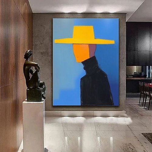 Handgemaltes abstraktes Gemälde eines Mannes mit Hut, Einzugsgeschenk, großes Wandbild, Illustration auf Leinwand, Leinwandgemälde Image
