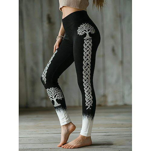 Damen Vikinger Leggings Gemütliche Leggings Urlaub Vintage Ethno-Stil Volle Länge Hohe Taille Grafik Baum Drucken Bequem Dehnbar Lässig Täglich Urlaub Schwarz Frühling Herbst Schmale Passform Image
