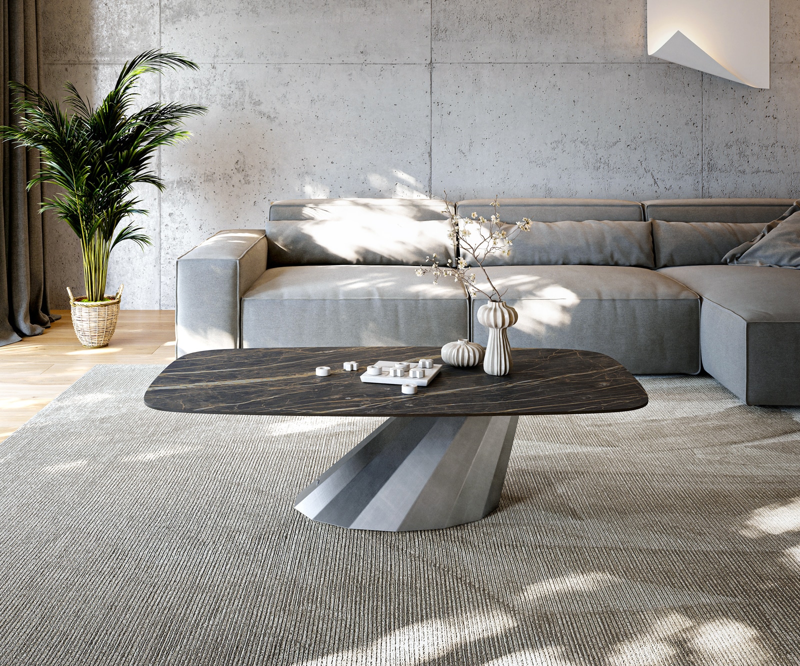 DELIFE Couchtisch Edge Boot 140x80 cm Keramik Laminam® Noir Desir Braun Parabi Metallic Silber, Couchtische Image