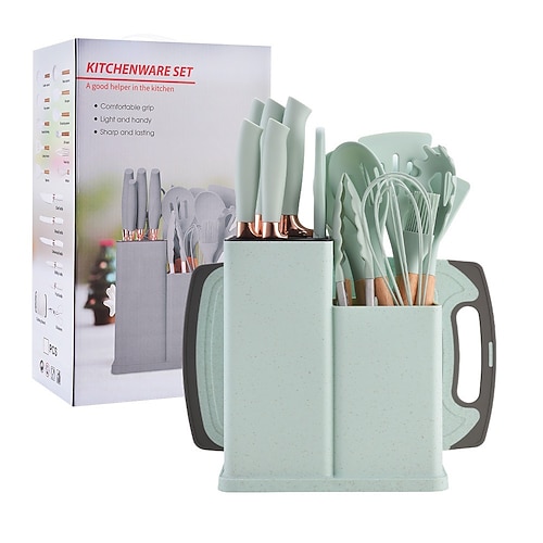 Silikon-Küchenutensilien-Set, 19-teilig, Werkzeugset, Aufbewahrungseimer, Küchenmesser, Strohhalmfarben Image