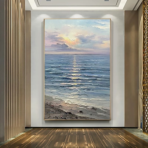 Mintura, handgefertigte Ölgemälde mit Sonnenaufgangs- und Meerblick auf Leinwand, moderne Wanddekoration für Ihr Zuhause, gerollt, rahmenlos, ungespannt Image