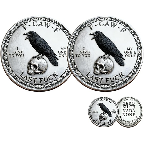 2er-Pack der F-Caw-F-Münze für alle, die über das Leben lachen und sich um nichts scheren! Lustige Raben-Challenge-Coin, hochwertiges Metall-Symbol der Freiheit, Humor Loslassen, Scherzgeschenk für Image