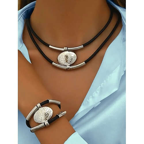 Statement-Halskette und Armband-Set im Boho-Stil für Damen aus Leder und Metall, verstellbar, erhältlich in Gold und Silber – perfekt für Freizeit und Abendgarderobe Image