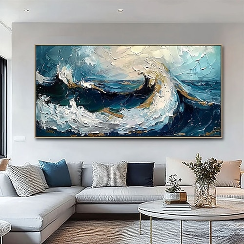 Handgemaltes Ölgemälde auf Leinwand, moderne abstrakte Wanddekoration, mit dem Spachtel gezeichnete blaue Meereswellenlandschaft, gerollt, rahmenlos, ungespannt, ungerahmt Image