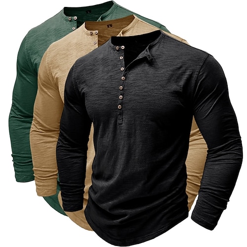 3er-Pack Henley-Shirts für Herren, langärmlig, einfarbig, modisch, lässig, für Alltag und Freizeit, 3er-Pack, Henley-Shirts in Blau, Weiß und Schwarz, ideal für Sommer und Frühling, Image