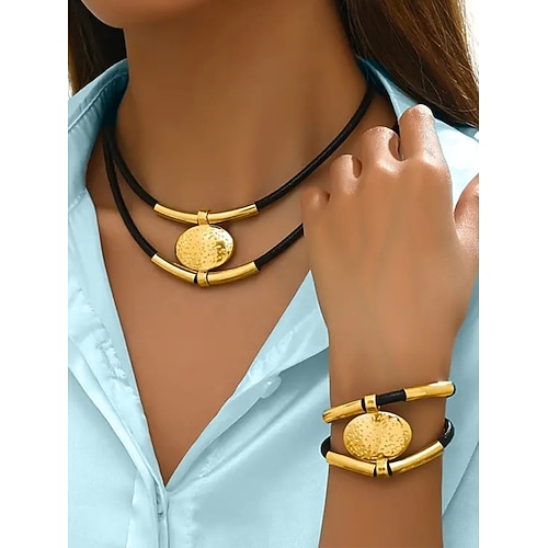 Statement-Halskette und Armband-Set im Boho-Stil für Damen aus Leder und Metall, verstellbar, erhältlich in Gold und Silber – perfekt für Freizeit und Abendgarderobe Image