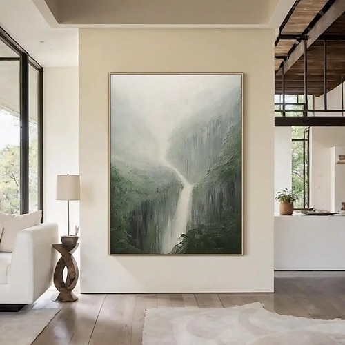 Handgemaltes Ölgemälde auf Leinwand, abstrakte grüne Berge, Wasserfälle, Landschaft, Wanddekoration für Zuhause, auf Keilrahmen gespannt / gerollt, rahmenlos, ungespannt Image
