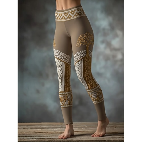 Damen Vikinger Leggings Gemütliche Leggings Urlaub Vintage Ethno-Stil Knöchellang Hohe Taille Grafik Drucken Bequem Dehnbar Lässig Täglich Urlaub Braun Frühling Herbst Schmale Passform Image
