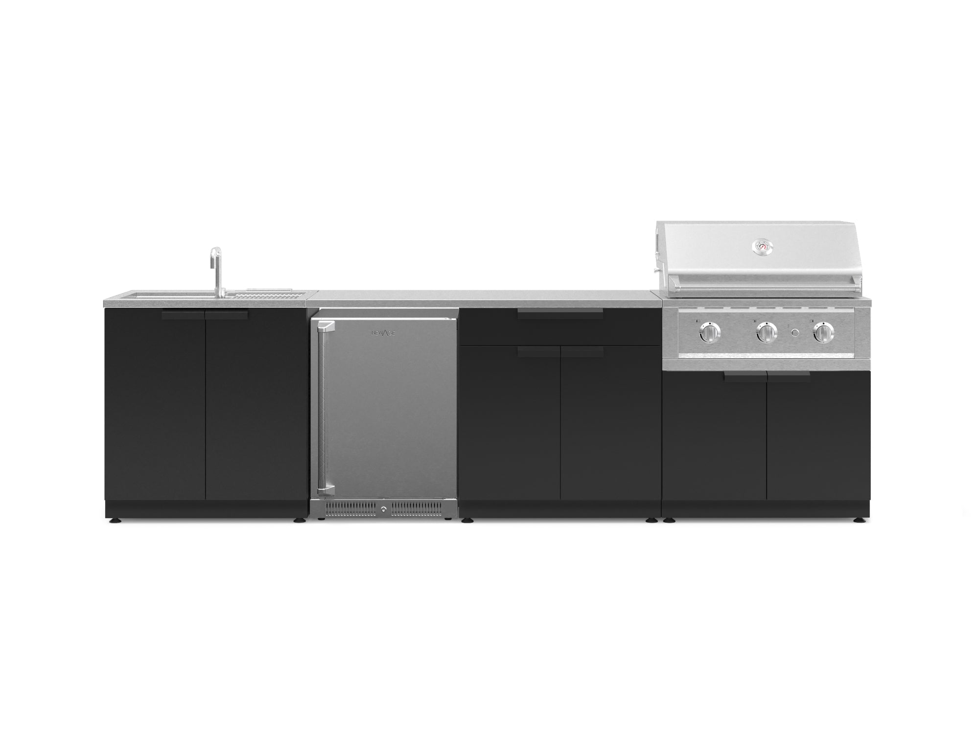 NewAge Outdoor Kitchens Stainless Steel 6-Piece Cabinet Set with Sink, Bar, Grill Cabinet, Performance Grill, Countertop and Stainless Steel Door Fridge