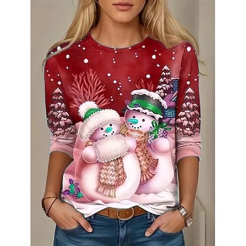 Weihnachts Frauen T-Shirt Grafik Vintage Mode Stylisch Lange Ärmel Rundhalsausschnitt Reguläre Tops Daily Weekend Druck Weiß Rot Blau Frühling Herbst Winter Image