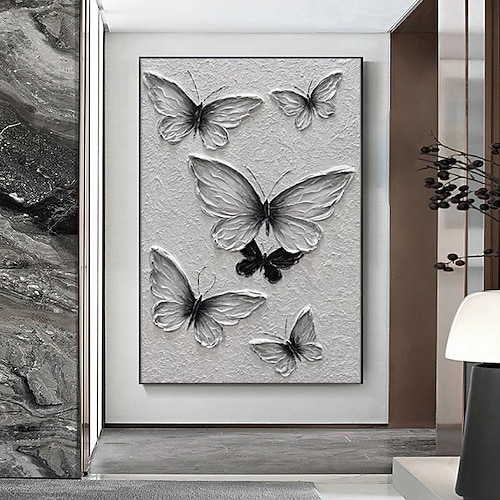 Handgemaltes Ölgemälde auf Leinwand, abstrakte schwarz-weiße Textur, Schmetterlingsmotiv, Wanddekoration, Wohnzimmer, Eingangsbereich, gerollt, rahmenlos, ungespannt Image