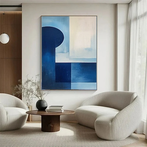 Großes handgemaltes Ölgemälde, abstrakte Kunst, geometrische Leinwand, marineblaue Wandkunst, minimalistische Malerei, Leinwandbild Image