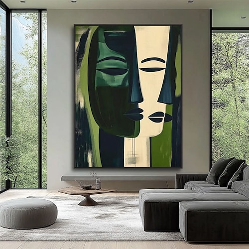 Handgemaltes Ölgemälde auf Leinwand, abstrakte Figuren, grünes Gesicht, für Zuhause, Sofa, Hintergrund, Eingangsbereich, Dekoration, auf Keilrahmen gespannt / gerollt, rahmenlos, ungespannt Image