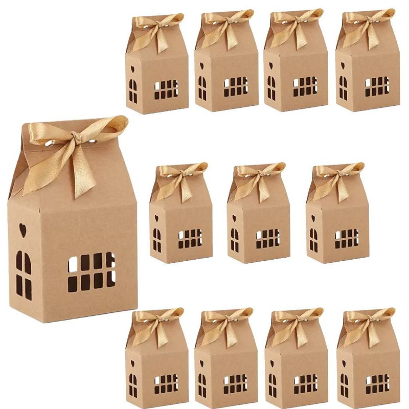 12pcs Christmas Gingerbread House Gift Boxes with Ribbon, White Brown, Candy Packaging for Christmas, Valentine's Day, Weddings, and Holiday Parties