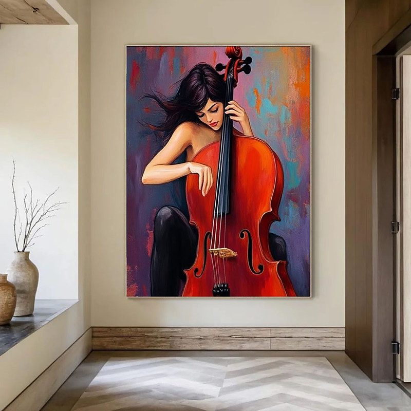 Handmade paino oil painting handmade Woman Playing Cello Canvas Painting Elegant Music art work paintings Wall Art Abstract Female Musician Decor Living Room Decor Art Gift Idea
