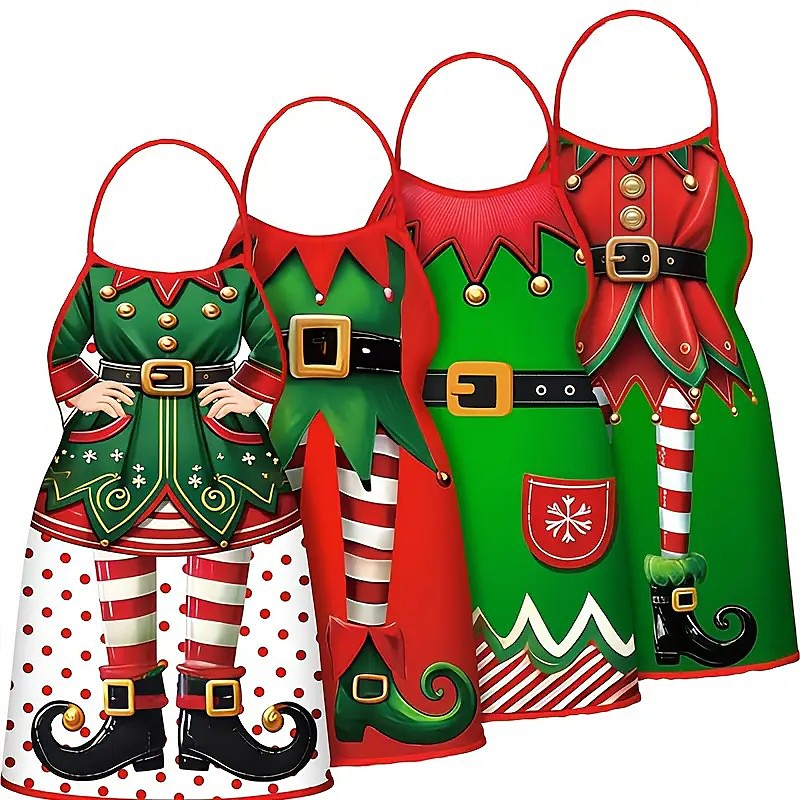 4-Piece Christmas Apron Set 20.5×28.35in, Santa Elf Design Aprons for Women and Men, Kitchen Cooking Aprons for Holiday Party, Christmas, Thanksgiving, Wedding Gift