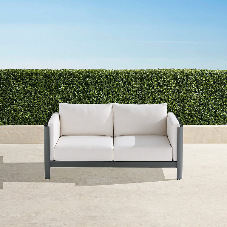 Azores Loveseat with Cushions in Matte Black Aluminum - Resort Stripe Aruba - Frontgate
