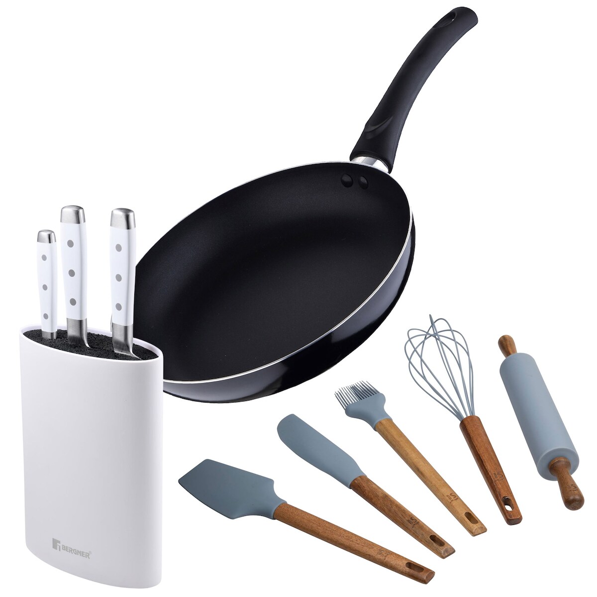 Chef sauce PIXEL - Bratpfanne aus gepresstem Aluminium (24cm Durchmesser) mit 3 Edelstahlmessern mit Griff und 5 Küchenutensilien aus Silikon Image