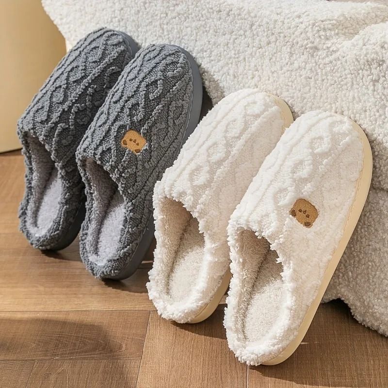 Solid Color Bear Print Warm Indoor Slippers white 9 10m