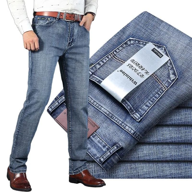 Men High Quality Business Casual Jeans Classic Straight Fit Denim Pants 33 gray