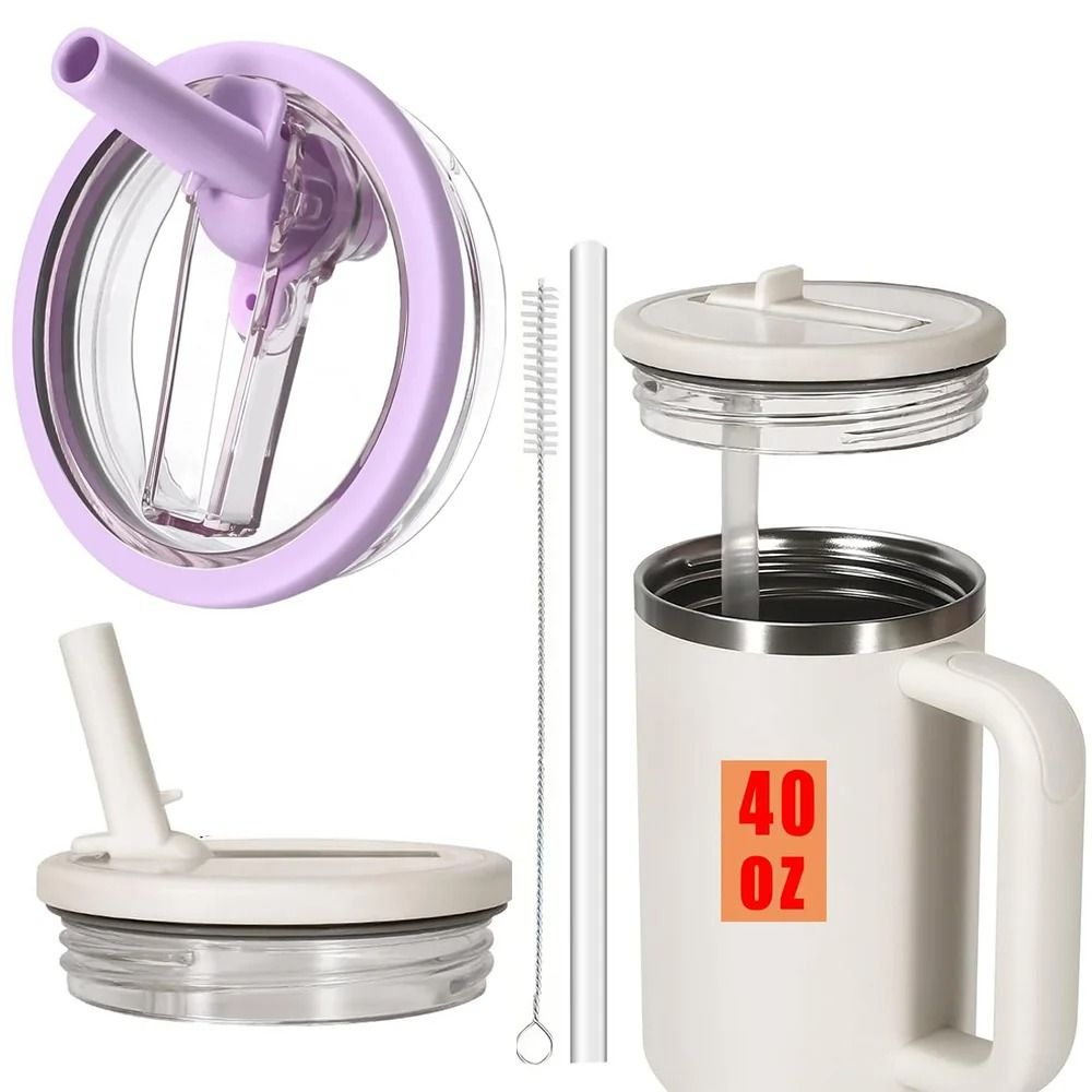 Tumbler Lid Replacement With Flip Straw Leak Proof Spill Proof Cup Cover For 40oz Tumblers beige 2pcs X Straw