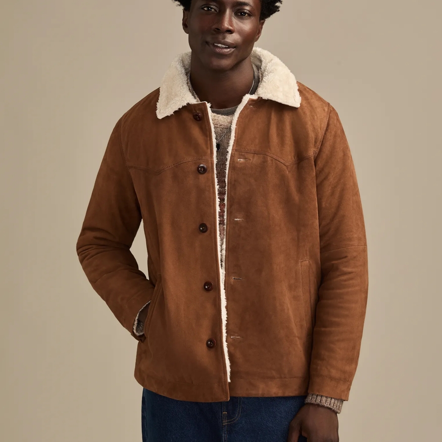 Lucky Brand Sherpa Ranch Coat - Men's Clothing Outerwear Coats Jackets Sherpa Fur Denim Jean Jackets in Dark Tan, Size S