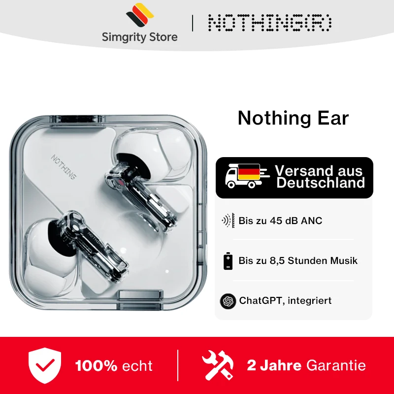 Nothing Ear Wireless Bluetooth-Kopfhörer 45 dB aktive Geräuschunterdrückung ANC 11-mm-Treiber 24-Bit-Hi-Res-Audio mit LDAC und LHDC Image