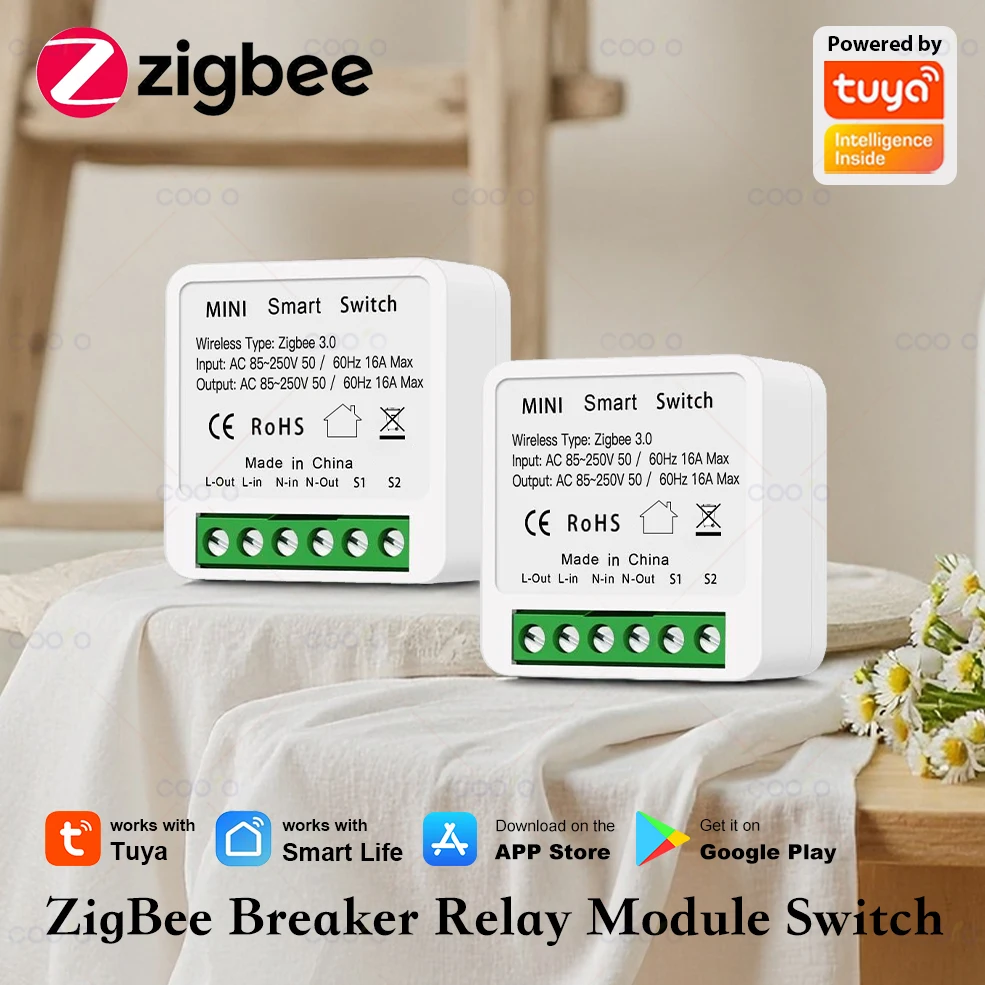 Tuya ZigBee 16A Smart Switch Mini 2-Wege-Steuerung Breaker Relaismodul Home Automation Sprachsteuerung mit Alexa Google Home Image