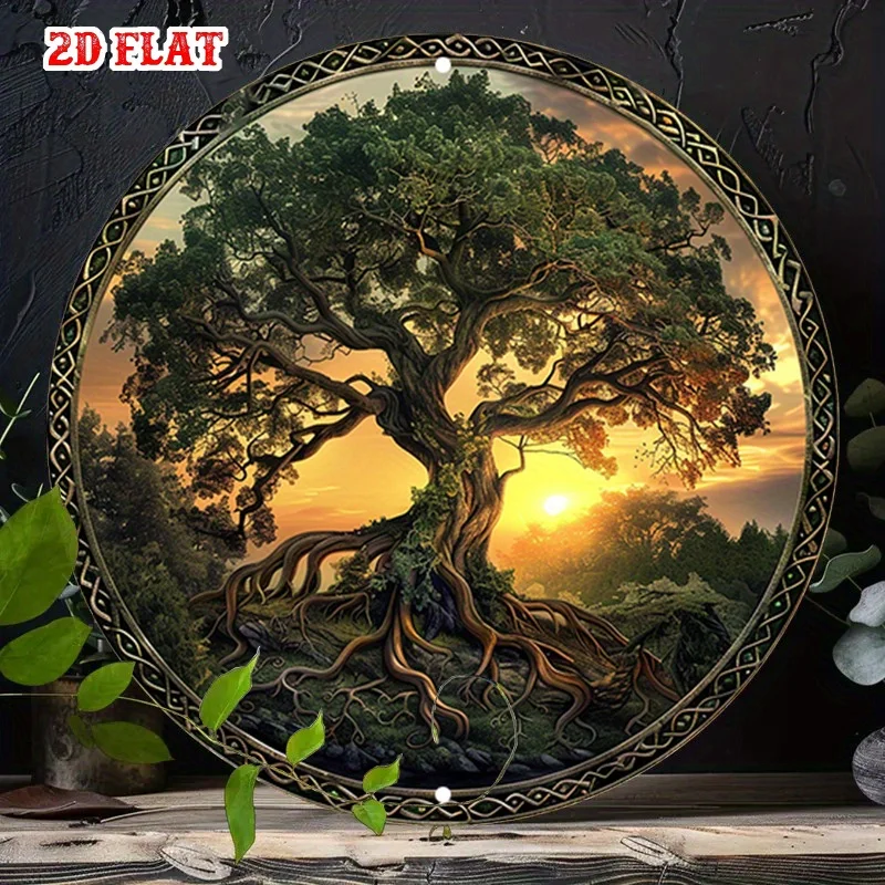2D flach, 1 Stück Baum des Lebens Sonnenuntergang Landschaft rundes Aluminiumschild – 19,99 x 19,99 cm, naturinspirierte Wandkunst mit lebendigem Laub & Image