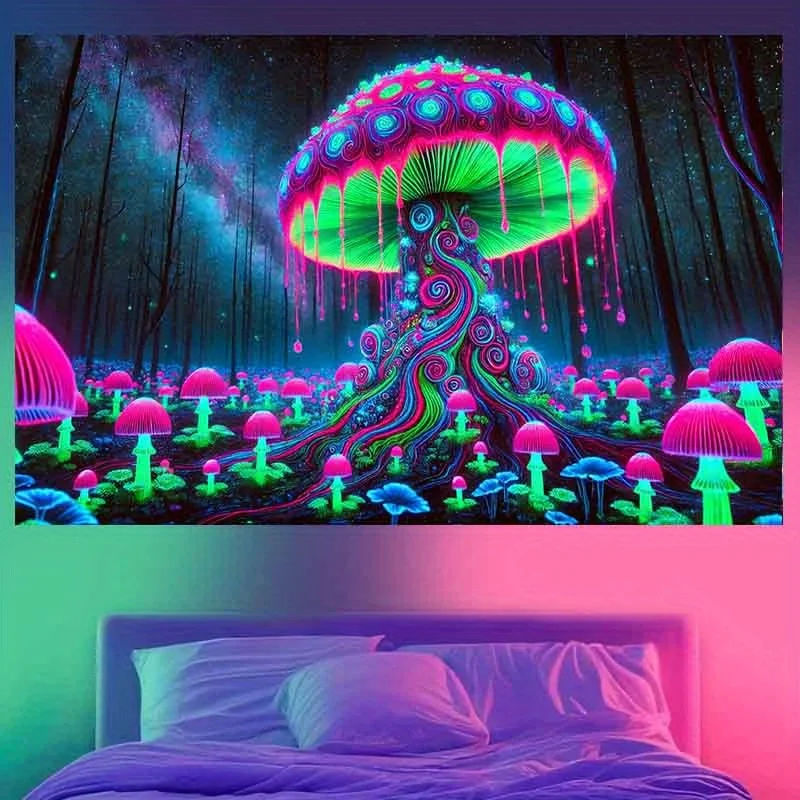 VIKAMA Fantasy-Pilz-Wandteppich, blau-grüner Farbverlauf, Schlafzimmer, Wohnzimmer, Musikzimmer, Partyzimmer, thematische Raumdekoration Image